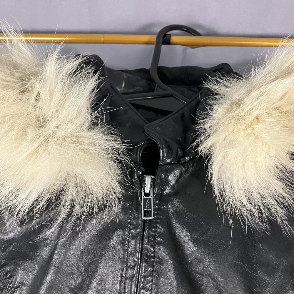 Casablanca Leather Jacket Womens 8 Black Genuine Fur‎ Trim Hooded Crop Bomber